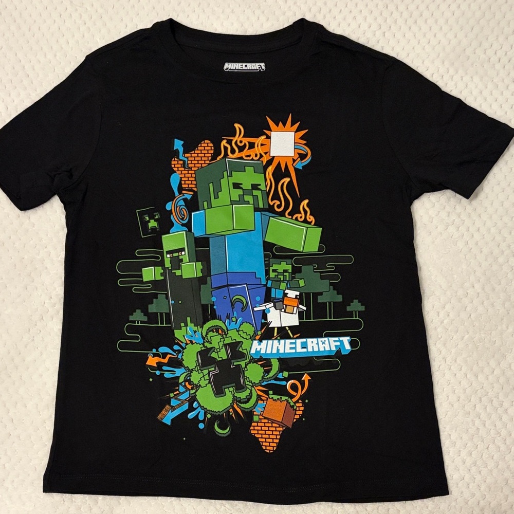 Minecraft Boys' Black Graphic Tee - Colorful Creeper Design Size 10-12